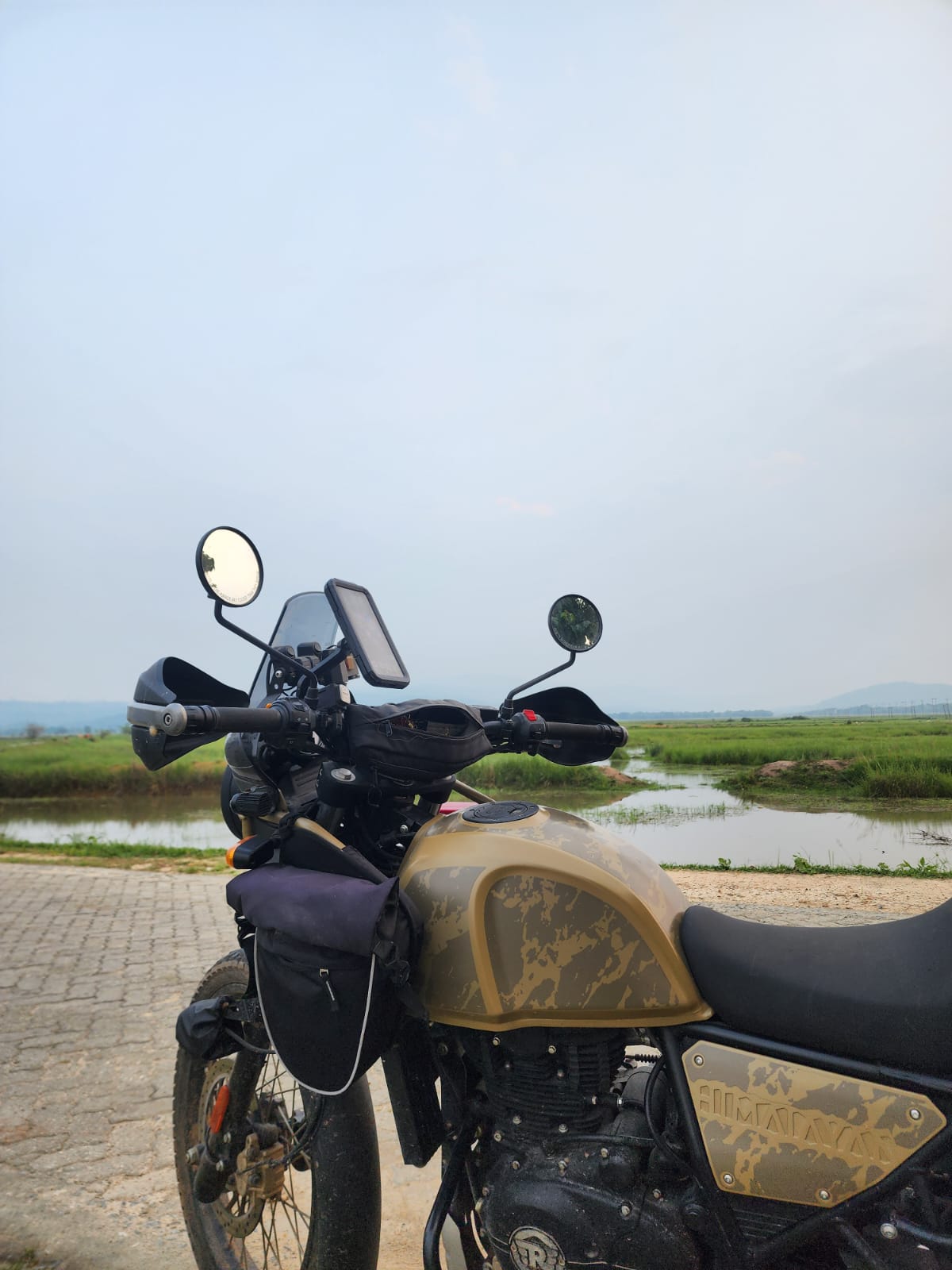 Motorcycling through tea gardens in Assam